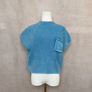 Zenana Dusty Sky Blue Texture Ribbed Women's Short Sleeve Sweater Top